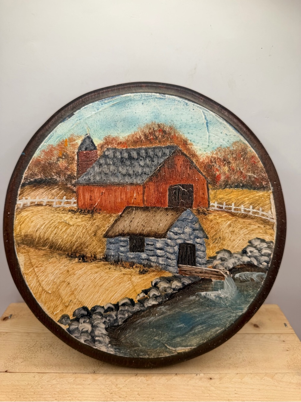 Hand Painted Rustic Farmhouse Barn Landscape Wood Wall Plaque Folk Art 10”